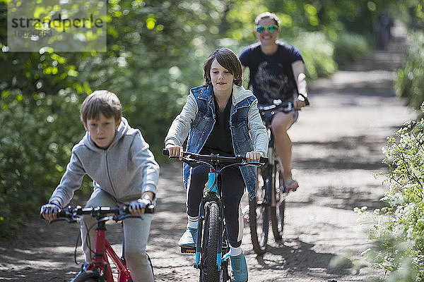 Mutter und Söhne genießen Radfahren auf sonnigen Wegen