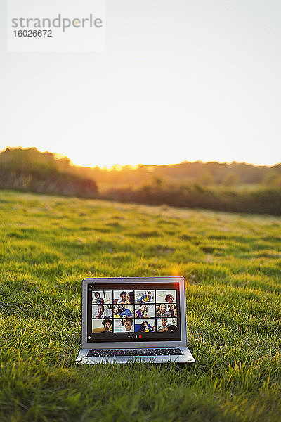 Video-Chat mit Freunden auf Laptop-Bildschirm im sonnigen Grasfeld