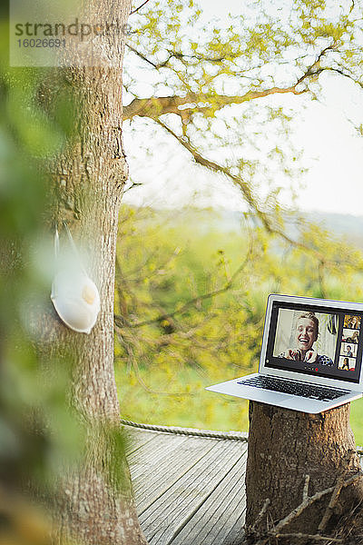 Gesichtsmaske am Baum hängend in der Nähe von Freunden Video-Chat auf Laptop-Bildschirm