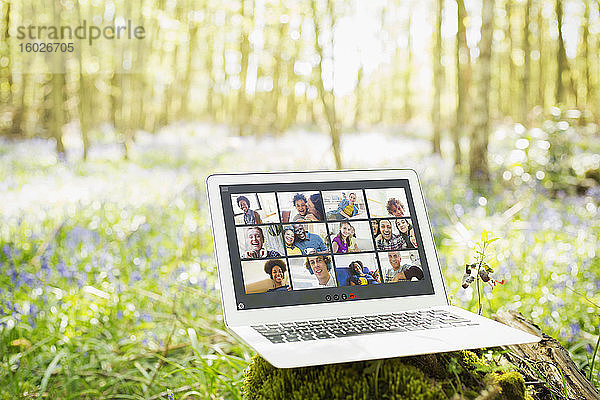 Video-Chat mit Freunden am Laptop-Bildschirm in sonnigen Wäldern