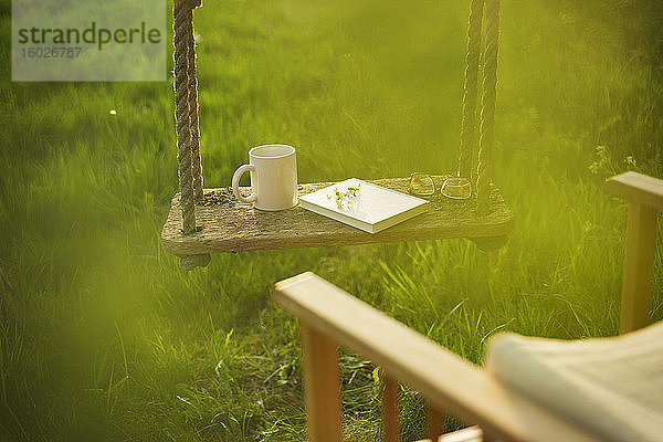 Kaffee und Buch über Schaukeln im idyllischen Garten