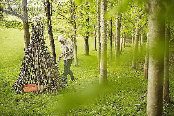 Ältere Frau  die ein Ast-Tipi im Wald herstellt