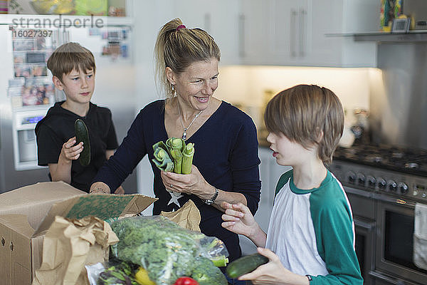 Glückliche Mutter und Söhne entladen frische Produkte aus dem Karton in der Küche