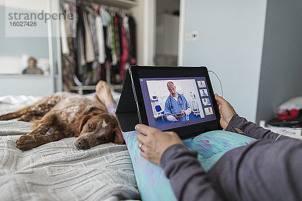 Frau mit digitalem Tablet Video-Chat mit Arzt am Bett mit Hund
