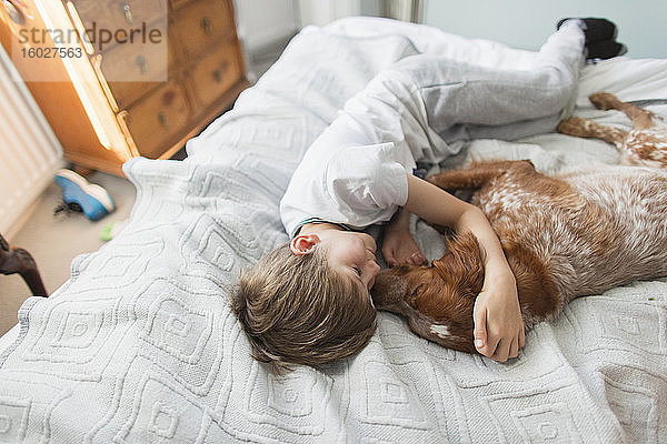 Anhänglicher Junge kuschelnder Hund auf dem Bett
