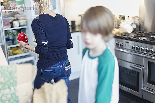 Mutter und Sohn beim Ausladen der Lebensmittel in der Küche