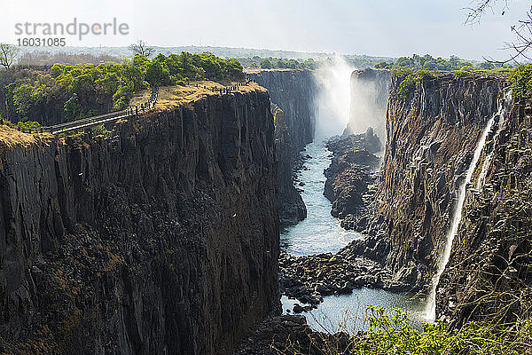 Victoriafälle von der sambischen Seite aus gesehen  tiefe Schlucht mit senkrechten Seiten  Wasserfall mit Wildwasserbächen.
