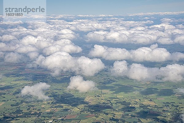 Blick auf Schäfchenwolken und Felder  Luftaufnahme  Nordinsel  Neuseeland  Ozeanien