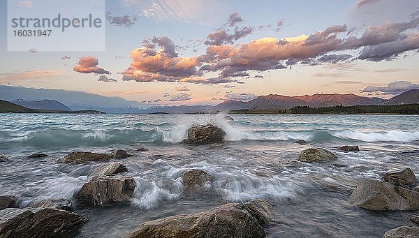 Steine am Ufer  See mit Wellengang bei Sonnenuntergang  Langzeitbelichtung  Lake Tekapo  Canterbury  Südinsel  Neuseeland  Ozeanien