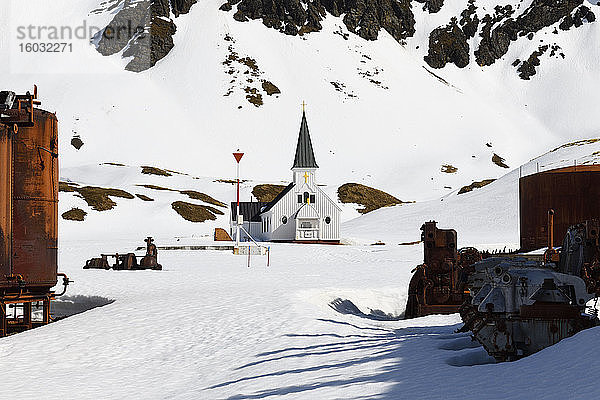 Walfängerkirche im norwegischen Stil  ehemalige Walfangstation Grytviken  Südgeorgien und die Sandwich-Inseln  Antarktis  Polarregionen