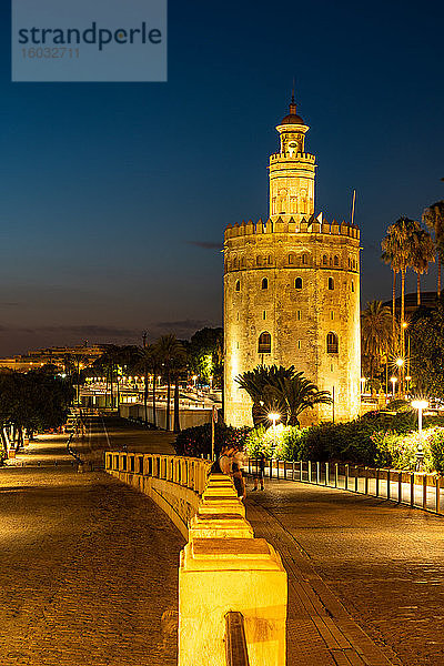Sonnenuntergang am Torre del Oro (Turm aus Gold)  einem Wachturm am Ufer des Guadalquivir in Sevilla  Andalusien  Spanien  Europa