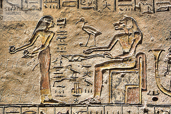 Relief  Göttin Sekhmet rechts  Grab des Ramses V. und VI.  KV9  Tal der Könige  UNESCO-Weltkulturerbe  Luxor  Theben  Ägypten  Nordafrika  Afrika