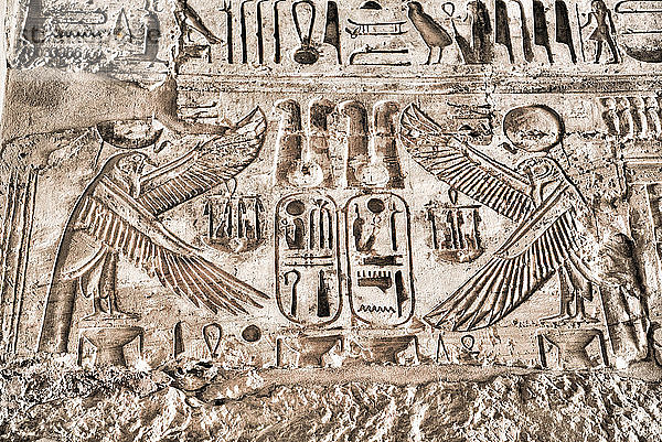 Relief der Geier  Tempel des Ramses III.  Tempelanlage von Karnak  UNESCO-Weltkulturerbe  Luxor  Theben  Ägypten  Nordafrika  Afrika