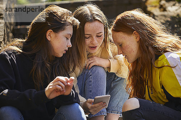 Drei Mädchen im Teenageralter sitzen im Freien und überprüfen ihre Mobiltelefone.