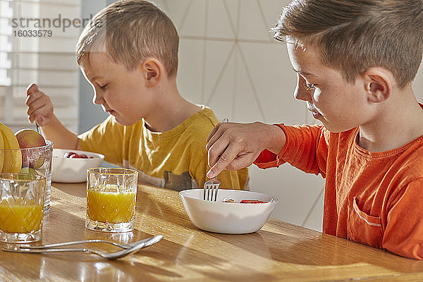 Zwei Jungen sitzen am Küchentisch und frühstücken.