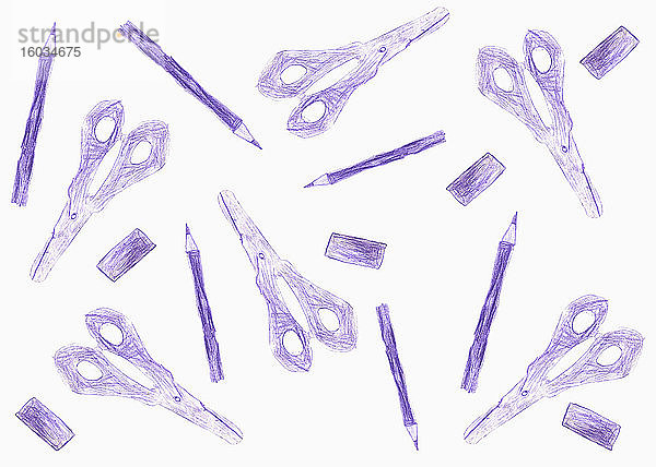 Violette Scheren  Radiergummis und Bleistifte auf weißem Hintergrund