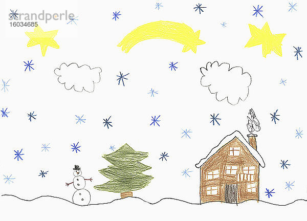 Kinder ziehen Schnee über Haus und Schneemann