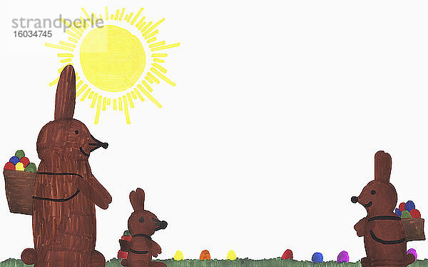 Kinder zeichnen Osterhasen mit Eiern im sonnigen Gras