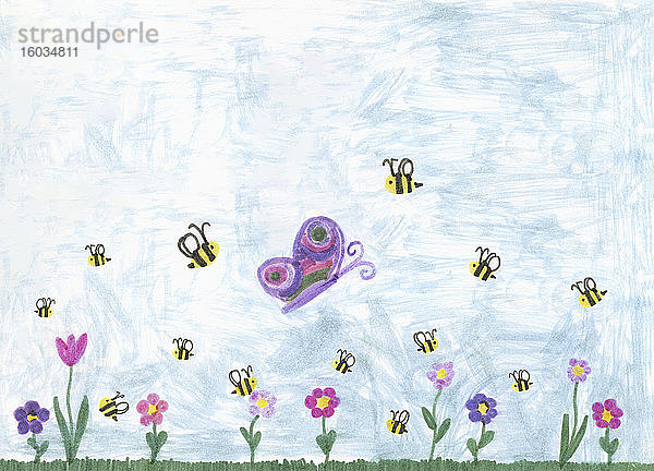 Kinder  die Hummeln und Schmetterlinge über Frühlingsblumen zeichnen