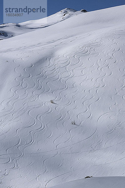 Abfahrtspisten am sonnigen  verschneiten Berghang  Davos  Schweiz