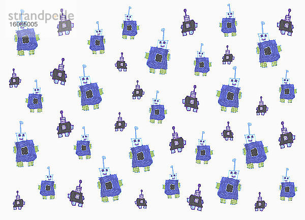 Kinder  die blaue anthropomorphe Robotermuster auf weißem Hintergrund zeichnen