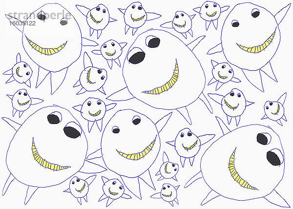 Kinder zeichnen fröhlich-süßes Monster-Muster auf weißem Hintergrund