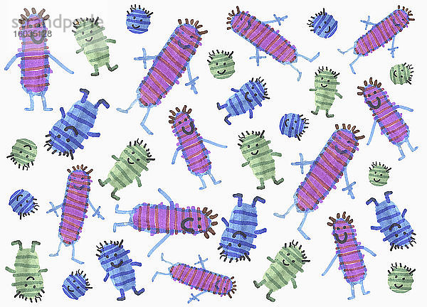 Illustration anthropomorphes Multicolor-Virus auf weißem Hintergrund