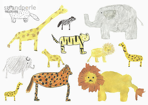 Kinder zeichnen Safari-Tiere auf weißem Hintergrund