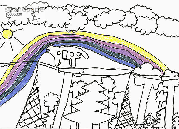 Kinder zeichnen Regenbogen und Bäume
