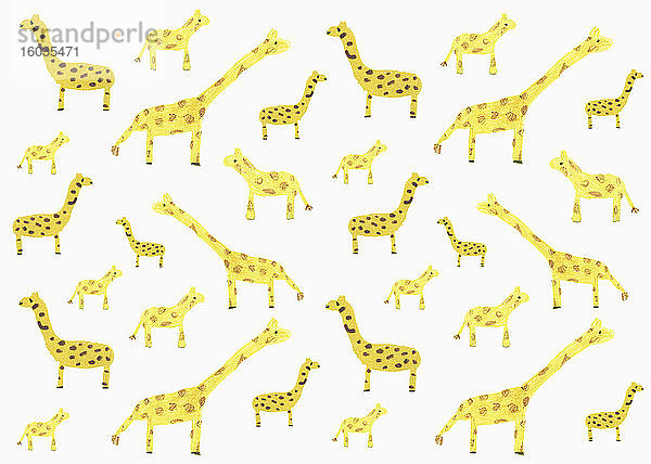 Kinder zeichnen gelbes Giraffenmuster auf weißem Hintergrund