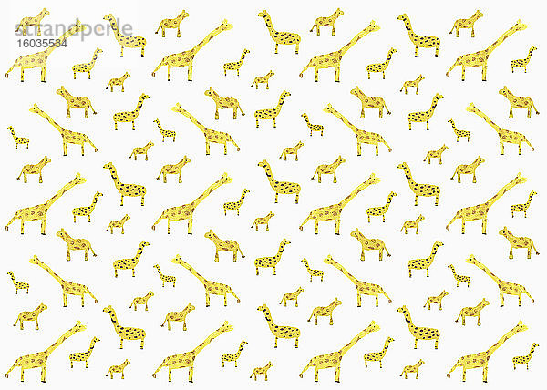 Kinder zeichnen winzige gelbe Giraffenmuster auf weißem Hintergrund