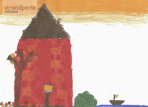 Kinder zeichnen rotes Gebäude