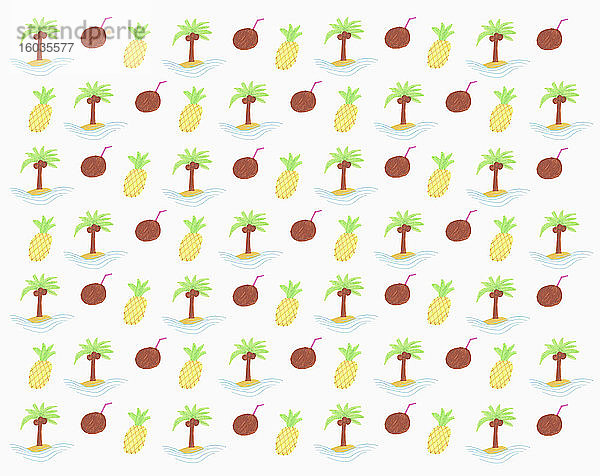 Illustration tropische Ananas- und Kokosnuss-Muster auf weißem Hintergrund