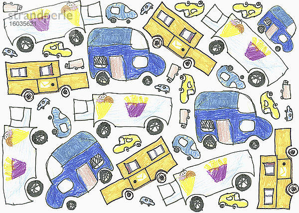Kinder zeichnen Lieferwagenmuster auf weißem Hintergrund