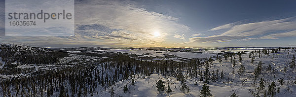 Szenerieansicht sonnige  schneebedeckte Landschaft  Arjeplog  Lappland  Schweden