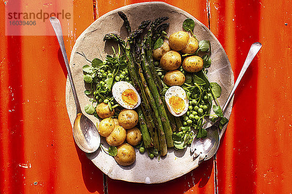 Grüner Spargel mit Erbsen  Kartoffeln und gekochten Eiern