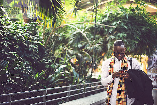 Stilvoller Geschäftsmann  der ein Smartphone benutzt  während er vor Pflanzen steht