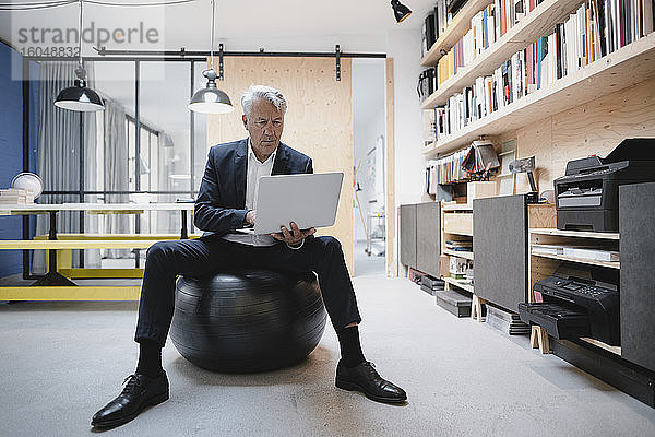 Älterer Geschäftsmann sitzt auf einem Fitnessball und benutzt einen Laptop