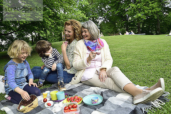 Glückliche Familie in der dritten Generation beim Picknick im öffentlichen Park