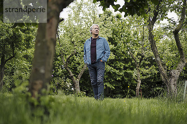 Älterer Mann steht in einem ländlichen Garten