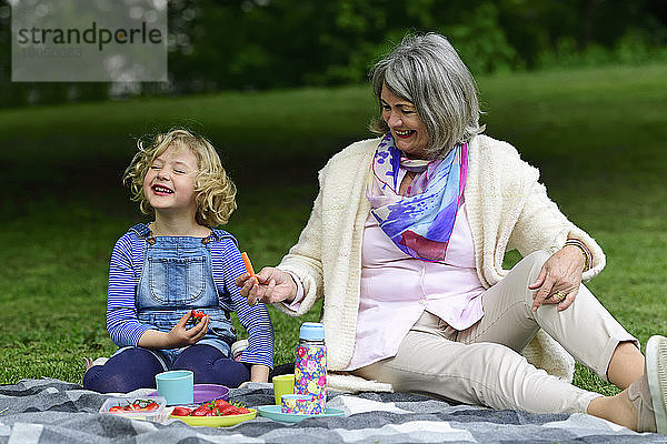 Fröhliche Großmutter und Enkelin beim Picknick im Park