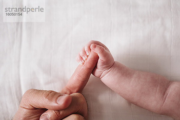 Die Hand eines kleinen Mädchens hält den Finger des Vaters auf einer weißen Decke