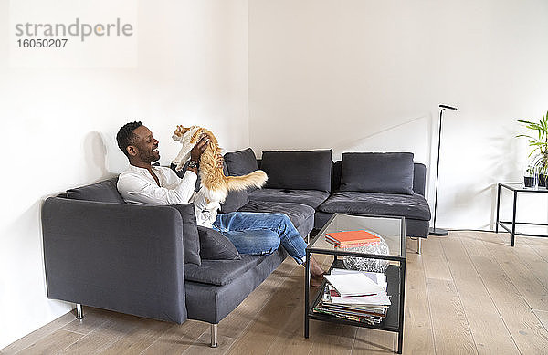 Mann sitzt auf der Couch in einer modernen Wohnung und spielt mit seiner Katze