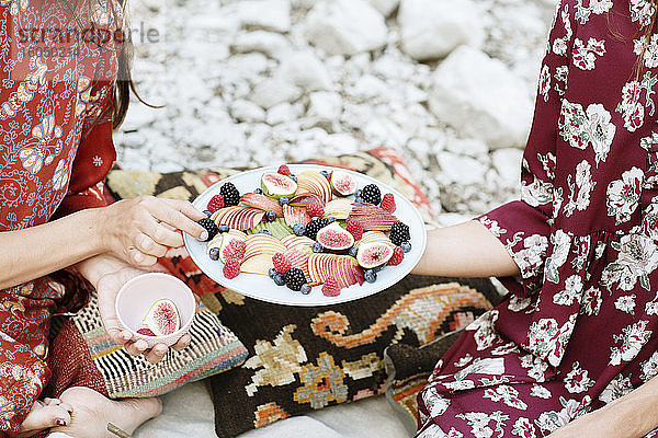 Nahaufnahme einer Frau  die einer Freundin beim Picknick Früchte anbietet