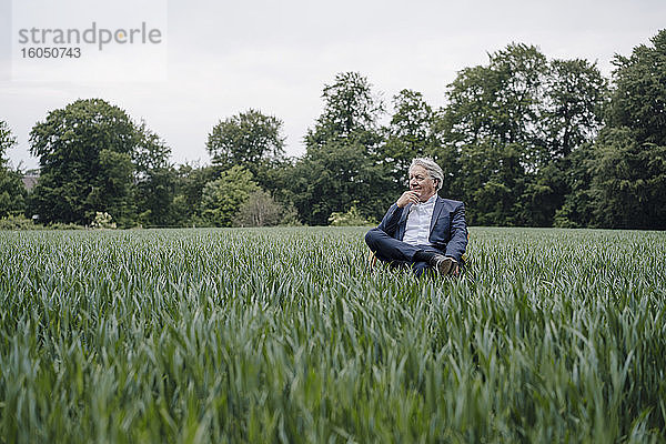 Älterer Geschäftsmann sitzt auf einem Stuhl in einem Feld auf dem Lande