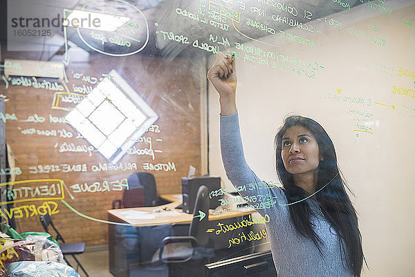 Frau macht Notizen auf Glasscheibe im Büro