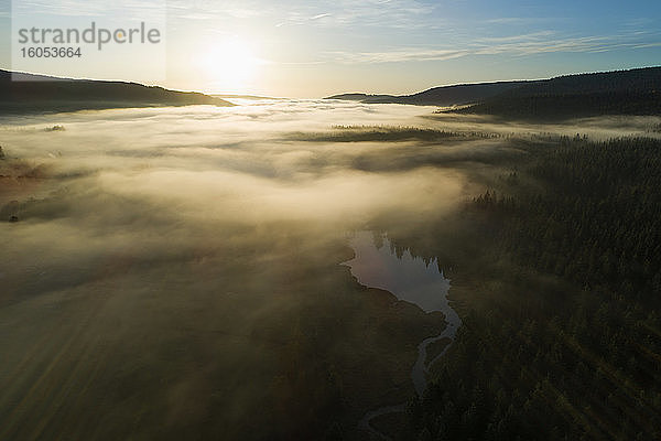 Deutschland  Baden-Württemberg  Drohnenansicht des in dichten Nebel gehüllten Schluchsees bei Sonnenaufgang