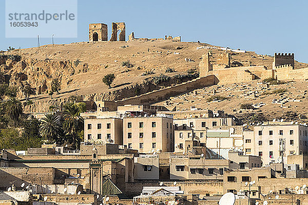 Marokko  Fes  Medina-Häuser mit Marinidengräbern im Hintergrund