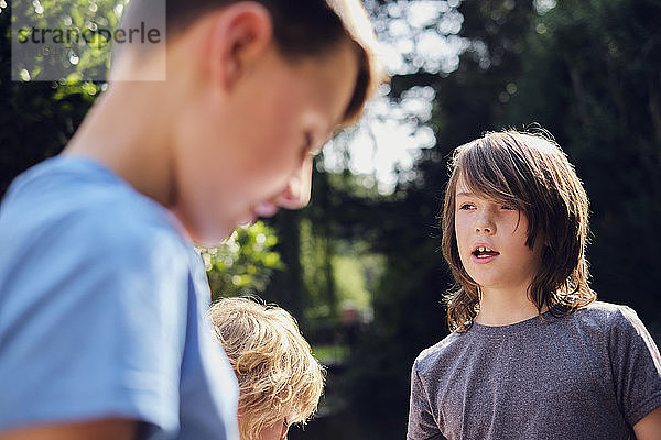 Jungen im Gespräch im Wald an einem sonnigen Tag