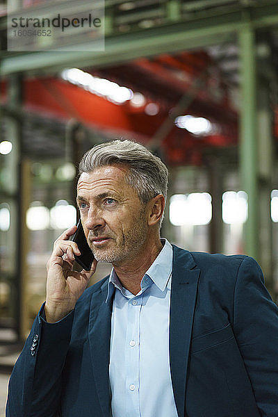 Porträt eines reifen Geschäftsmannes am Telefon in einer Fabrik